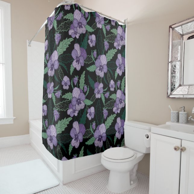 Floral Pansy with Foliage on Dark Background  Shower Curtain (In Situ)