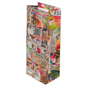 Floral Paper Collage Typography Mixed Media  Wine Gift Bag