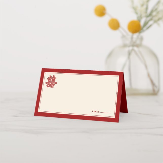 Floral Paper Cut Double Happiness Chinese Wedding Place Card (Front)