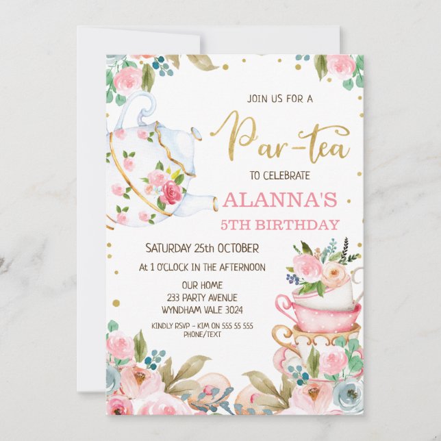 Floral Par-Tea Tea Party Birthday Invitation (Front)