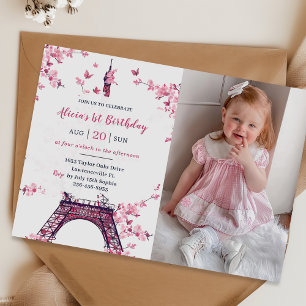 Floral Paris Eiffel Tower 1st Birthday Party Photo Invitation