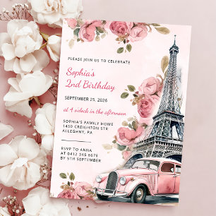Floral Paris Eiffel Tower 2nd Birthday Party Invitation