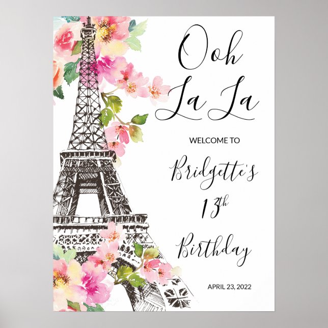 Floral Paris Eiffel Tower Birthday Welcome Sign (Front)