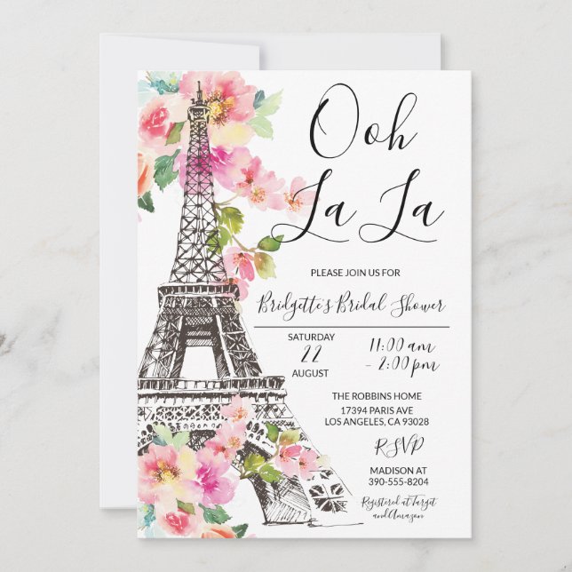 Floral Paris Eiffel Tower Bridal Shower Invitation (Front)