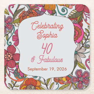 Floral Party Plate 40th birthday Square Paper Coaster