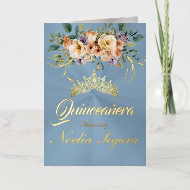 Floral - Pastel Blue Quinceanera Foil Invitation (Front)