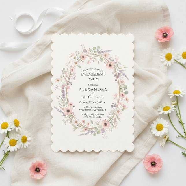 Floral Pastel Engagement Party Invitation (Timeless botanical floral engagement party aesthetic in soft pastel tones)