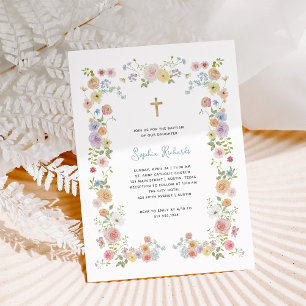 Floral Pastel Frame and Gold Cross   Baptism Invitation