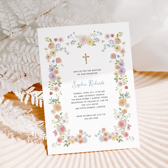 Floral Pastel Frame and Gold Cross | Baptism Invitation (Creator Uploaded)