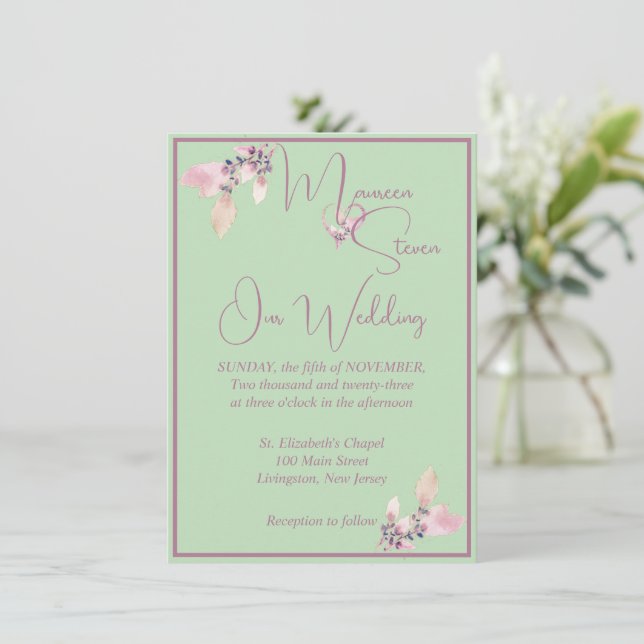 Floral Pastel Green & Mauve Wedding Invitation (Standing Front)