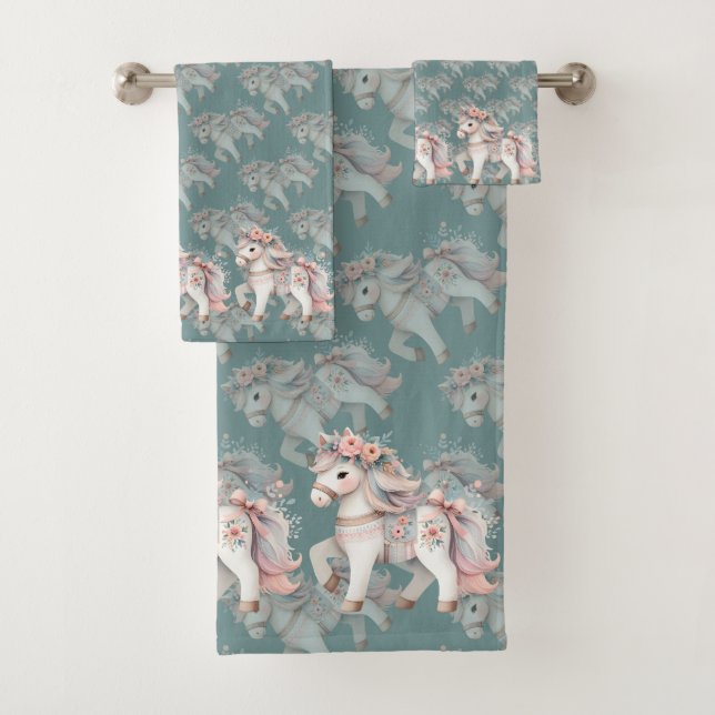 Floral Pastel Horse Fantasy Illustration Bath Towel Set (Insitu)