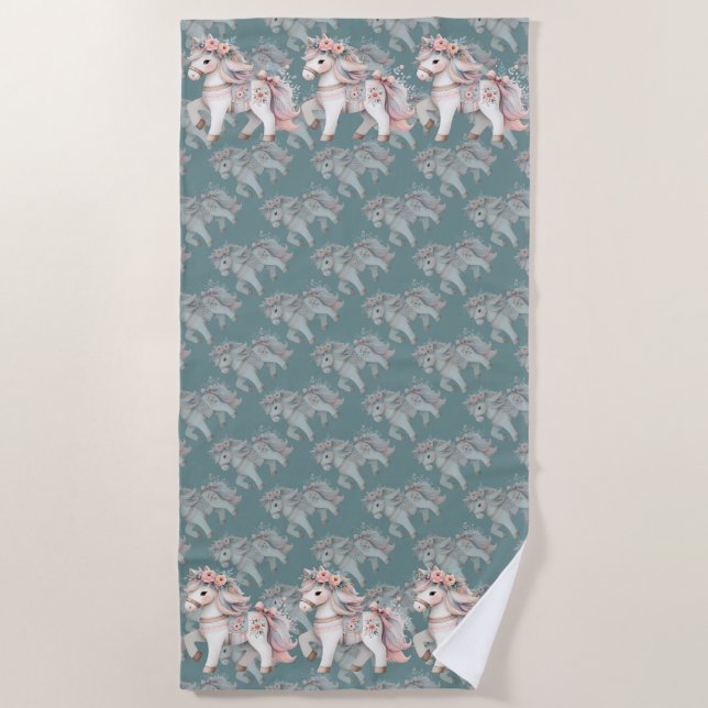 Floral Pastel Horse Fantasy Illustration Beach Towel (Front)