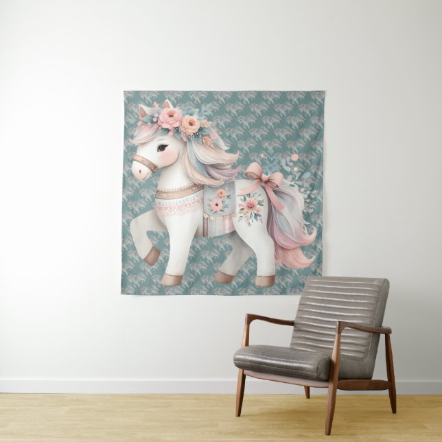 Floral Pastel Horse Fantasy Illustration Tapestry (In Situ)