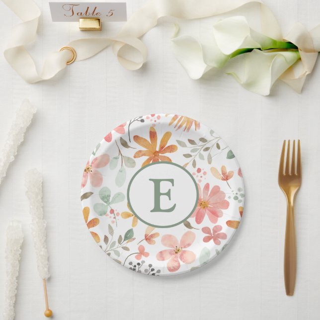 Floral Pastel Paper Plate with Initial (Wedding)