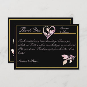 Floral Pastel Pink & Gold on Elegant Black Wedding Thank You Card