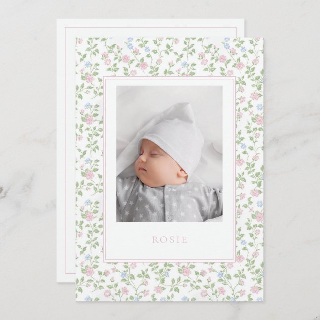 Floral Pastel Roses Baby Birth Photo Announcement  (Front/Back)