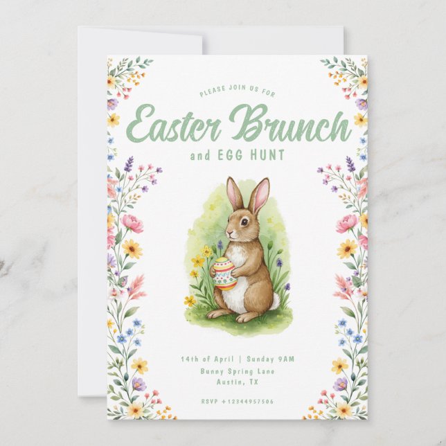 Floral Pastel Watercolor Bunny Easter Brunch Invitation (Front)