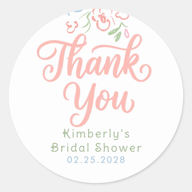 Floral Pastel Whimsical Bridal Shower Thank You  Classic Round Sticker (Front)