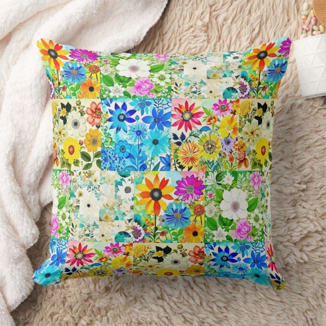 Floral Patchwork Art Watercolor Flowers Cushion (Blanket)