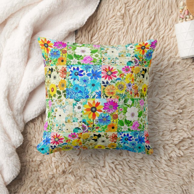 Floral Patchwork Art Watercolor Flowers Cushion (Blanket)