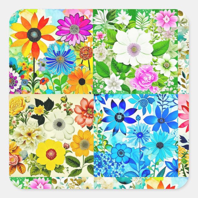 Floral Patchwork Art Watercolor Flowers Square Sticker (Front)