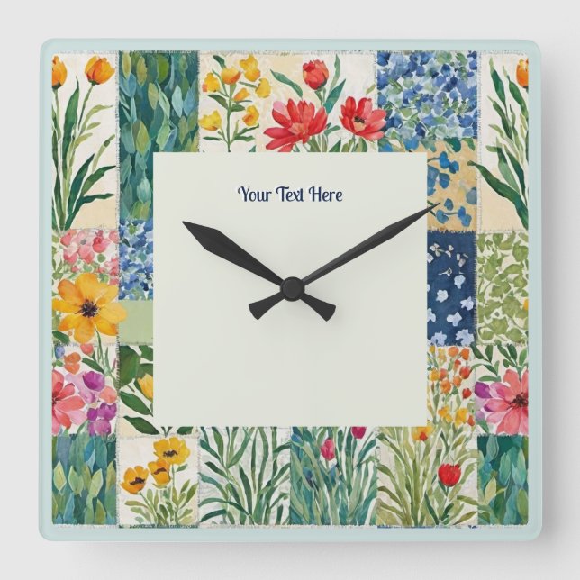 Floral Patchwork Botanical Garden Flowers Pretty Square Wall Clock (Front)