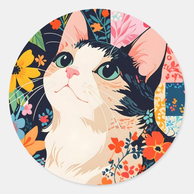 Floral Patchwork Cat Classic Round Sticker (Front)