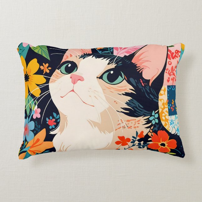 Floral Patchwork Cat Decorative Cushion (Front)
