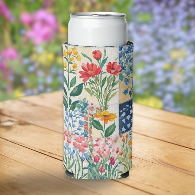 Floral Patchwork Garden Flowers Patterned Pretty Seltzer Can Cooler (A pretty can cooler for garden lovers, with patchwork-effect print including many colourful flowers)