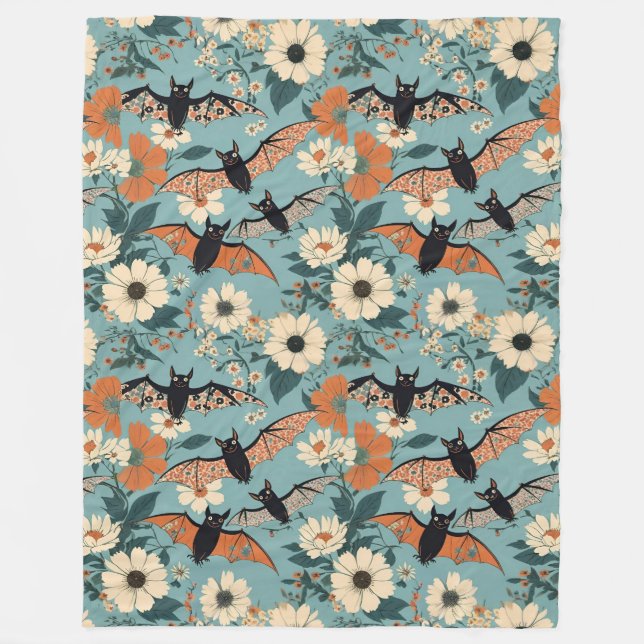 Floral Patchwork Halloween Bats & Flowers Fleece Blanket (Front)