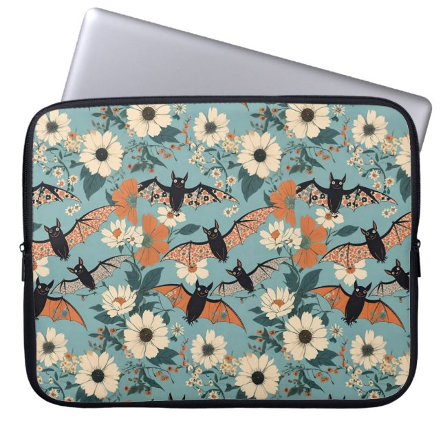 Floral Patchwork Halloween Bats & Flowers Laptop Sleeve (Front)