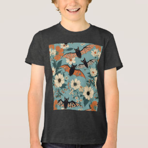 Floral Patchwork Halloween Bats & Flowers Tri-Blend Shirt