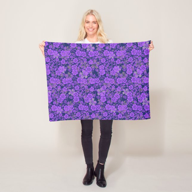 Floral pattern 15.Purple.b DBlue BG Fleece Blanket (In Situ)