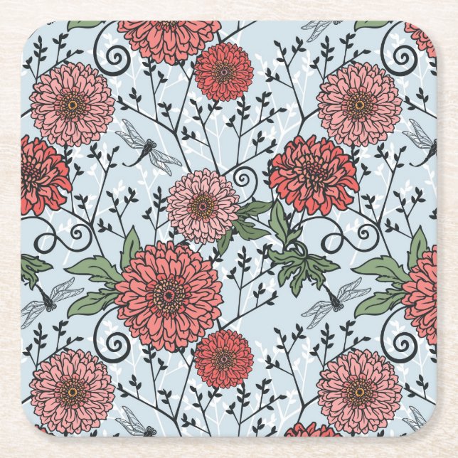 Floral pattern 3 square paper coaster (Front)