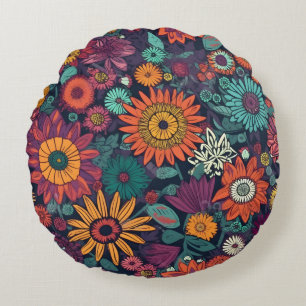 Floral Pattern, A Bouquet of Colourful Flowers Round Cushion