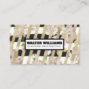 Floral pattern and Gold Foil Stripes Business Card