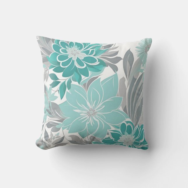 Floral Pattern, Aqua, Teal, Turquoise and Grey Cushion (Front)