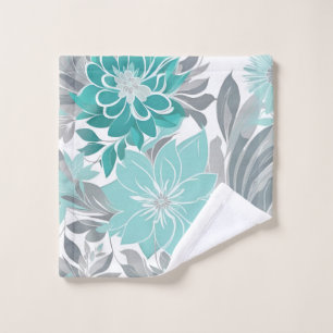 Floral Pattern, Aqua, Teal, Turquoise and Grey sea Bath Towel Set