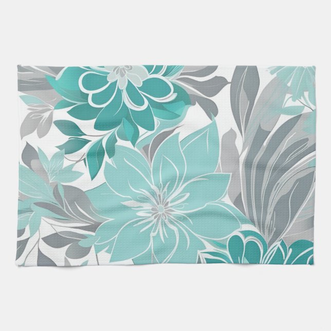 Floral Pattern, Aqua, Teal, Turquoise and Grey Tea Towel (Horizontal)