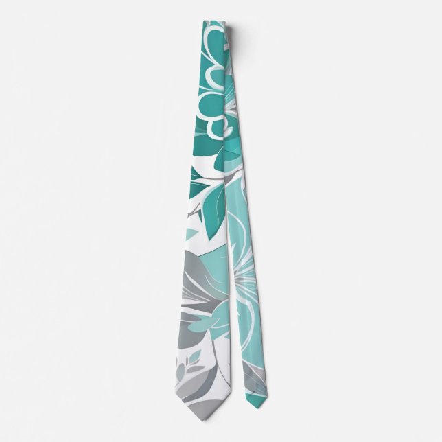 Floral Pattern, Aqua, Teal, Turquoise and Grey Tie (Front)