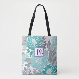 Floral Pattern, Aqua, Teal, Turquoise and Grey Tote Bag