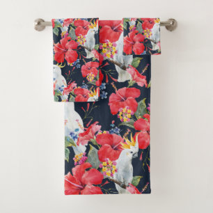 Floral Pattern Birds Flowers Foliage Red Hibiscus  Bath Towel Set