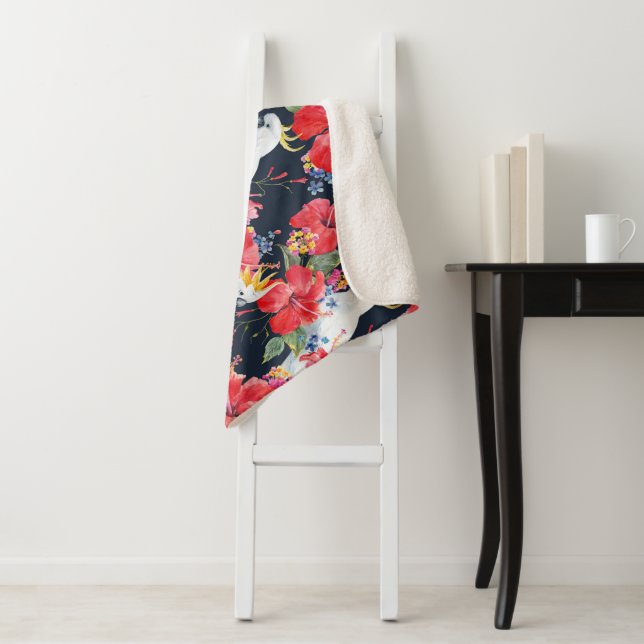 Floral Pattern Birds Flowers Foliage Red Hibiscus  Sherpa Blanket (In Situ)
