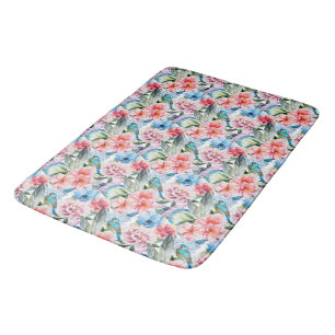Floral Pattern Birds Foliage Flowers Green Blue Bath Mat