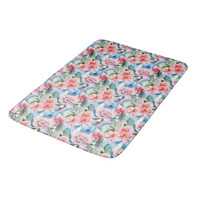 Floral Pattern Birds Foliage Flowers Green Blue Bath Mat (Angled)