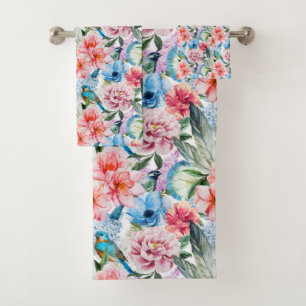 Floral Pattern Birds Foliage Flowers Green Blue Bath Towel Set