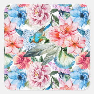 Floral Pattern Birds Foliage Flowers Green Blue Square Sticker
