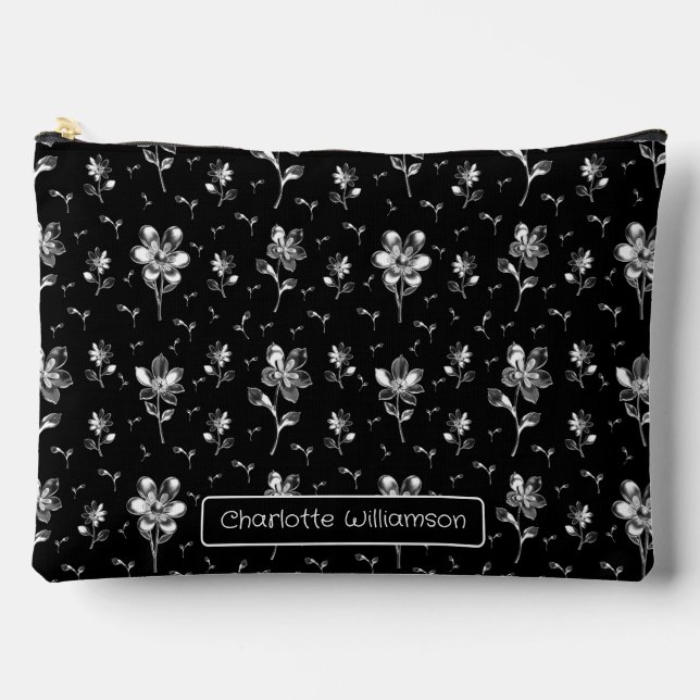 Floral Pattern Black And Silver Name Cosmetics Bag (Front)