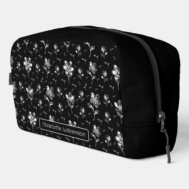 Floral Pattern Black And Silver Name Toiletry Bag (Right Corner)