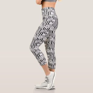 Floral pattern black and white retro striped capri leggings